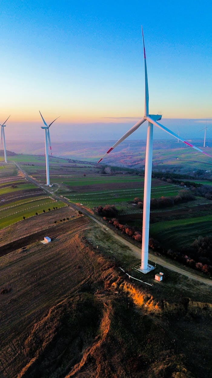 Majestic wind turbines in a vibrant landscape at sunset, showcasing renewable energy sources.